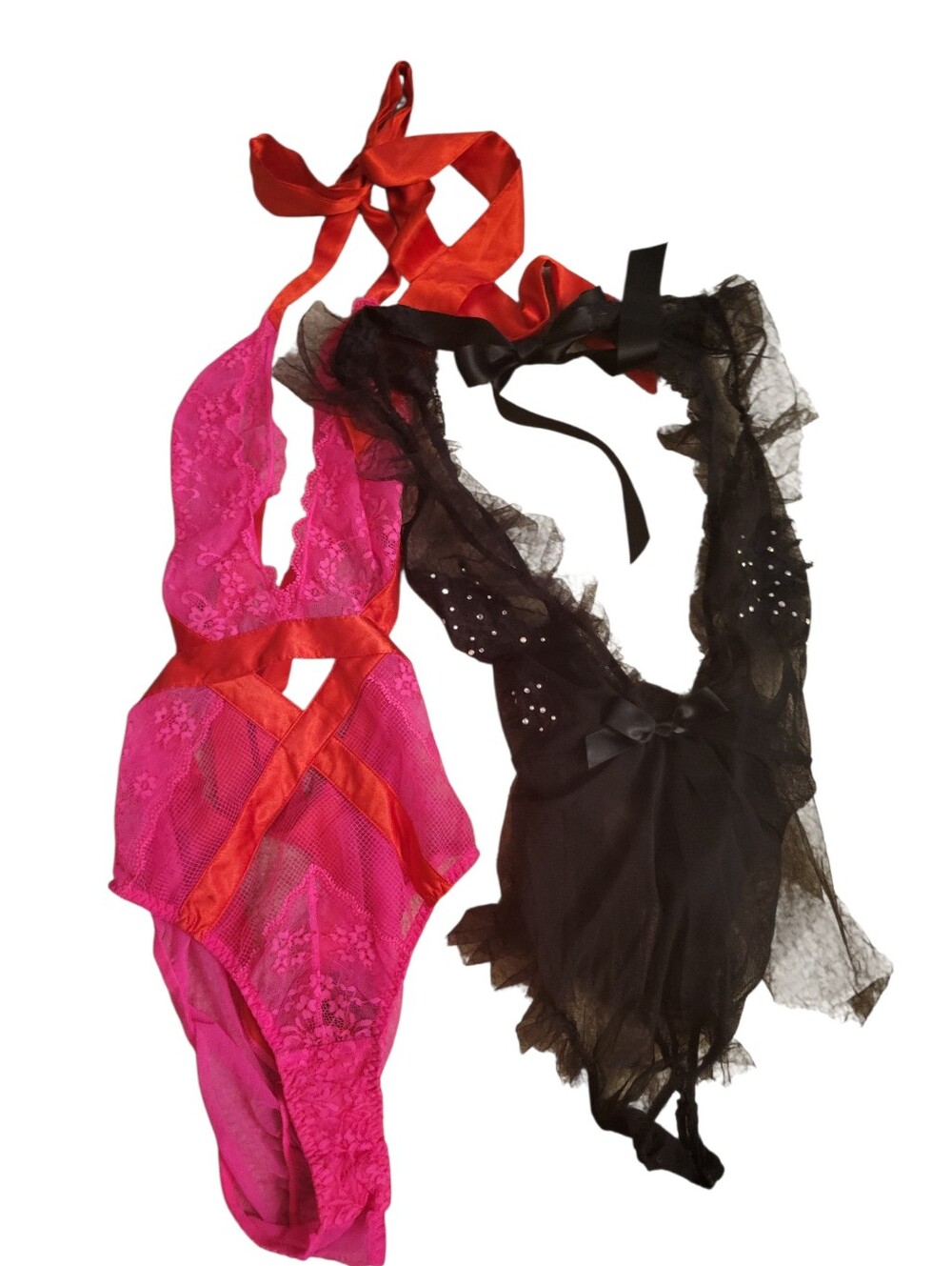 Victoria's Secret Hot Pink and Black Lace Halter Teddy Set